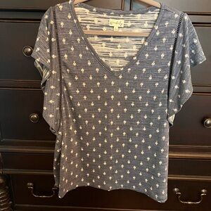 Wonderly Navy Blue and White Flutter Sleeve Blouse